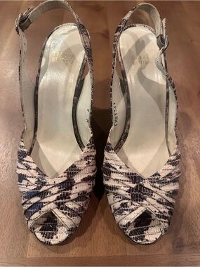 Stuart Weitzman Ivory and Purple Snake-Print Slingback Peep-Toe Heels